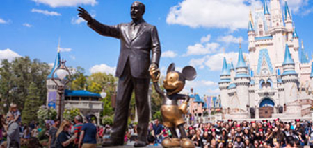 'Partners' statue of Walt Disney and Mickey Mouse in front of Cinderella Castle.